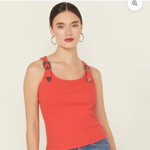 Idyllwind Vibrant Red Wylie Rib Knit Buckle Tank Top XL NWT